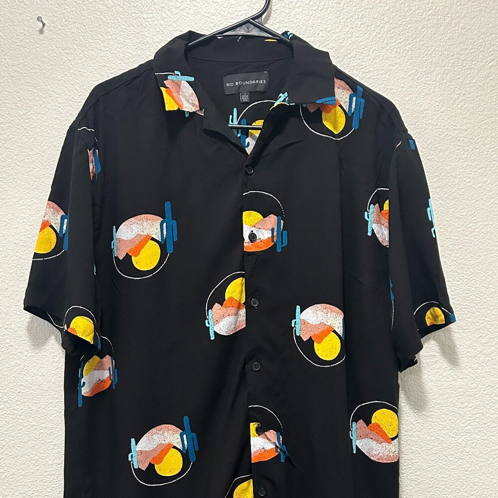 No Boundaries men's button down shirt, black with desert them, medium